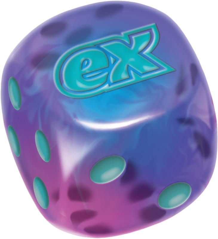 Lila und blauer Würfel mit weißen Punkten und türkisem „eX“-Logo.