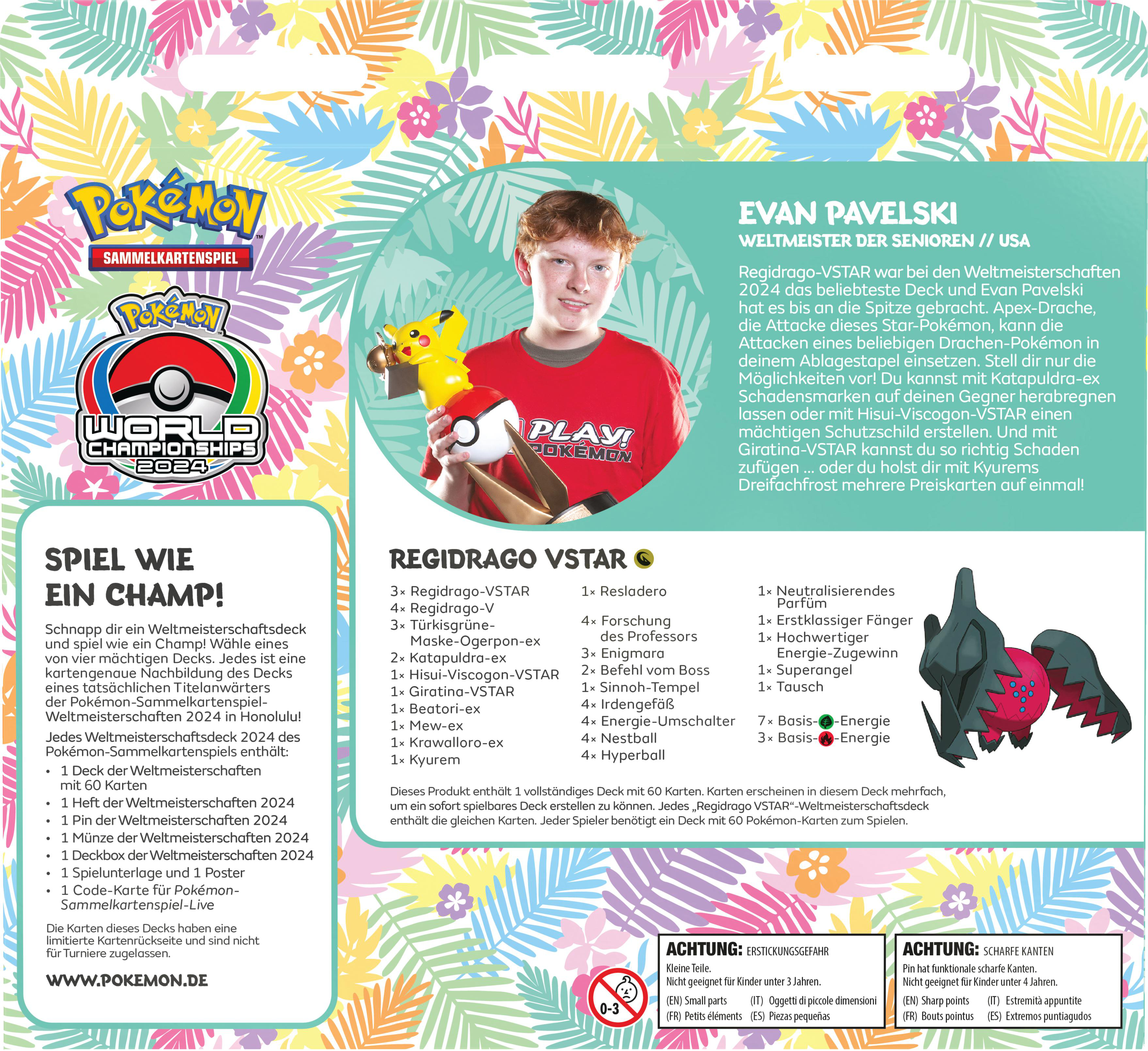 Eine Pokemon-Kartenspielbox mit einem Jungen, der einen Ball hält.