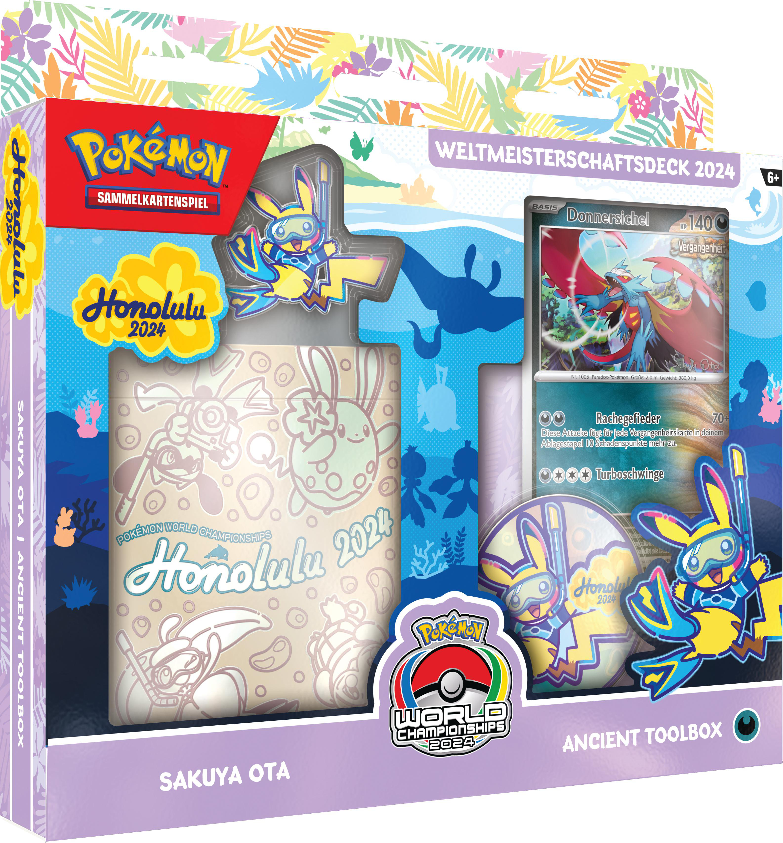 Pokémon-Sammelkartenspiel-Box mit Karte und anderen Gegenständen.