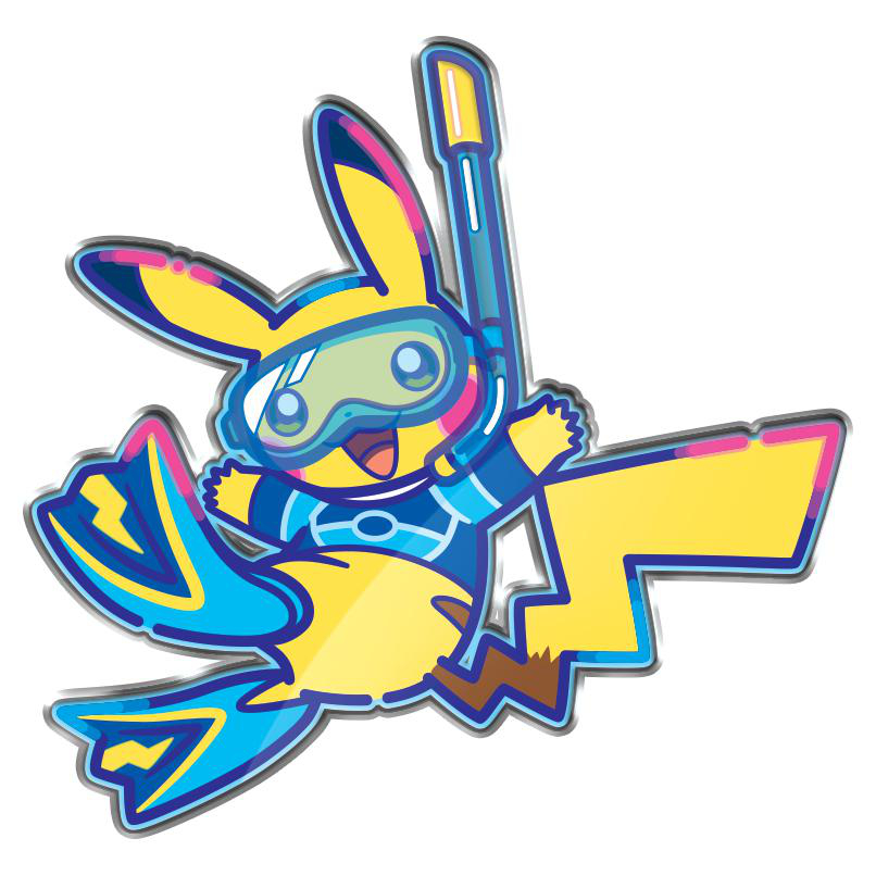 Cartoon von Pikachu in einem Tauchanzug mit Flossen und Schnorchel. Gelbe und blaue Farben.