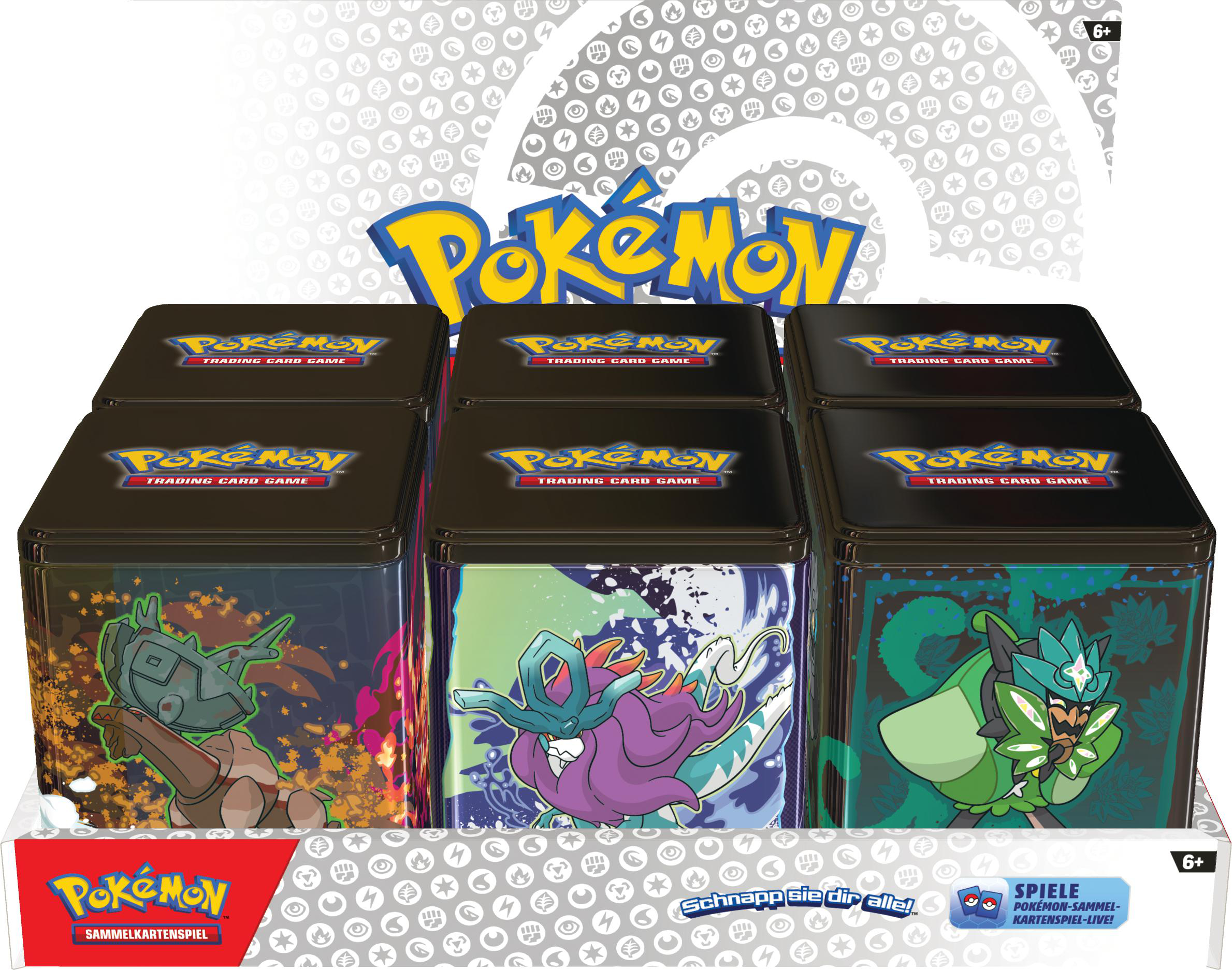 Eine Vitrine mit sechs Pokémon-Sammelkartenspiel-Dosen.