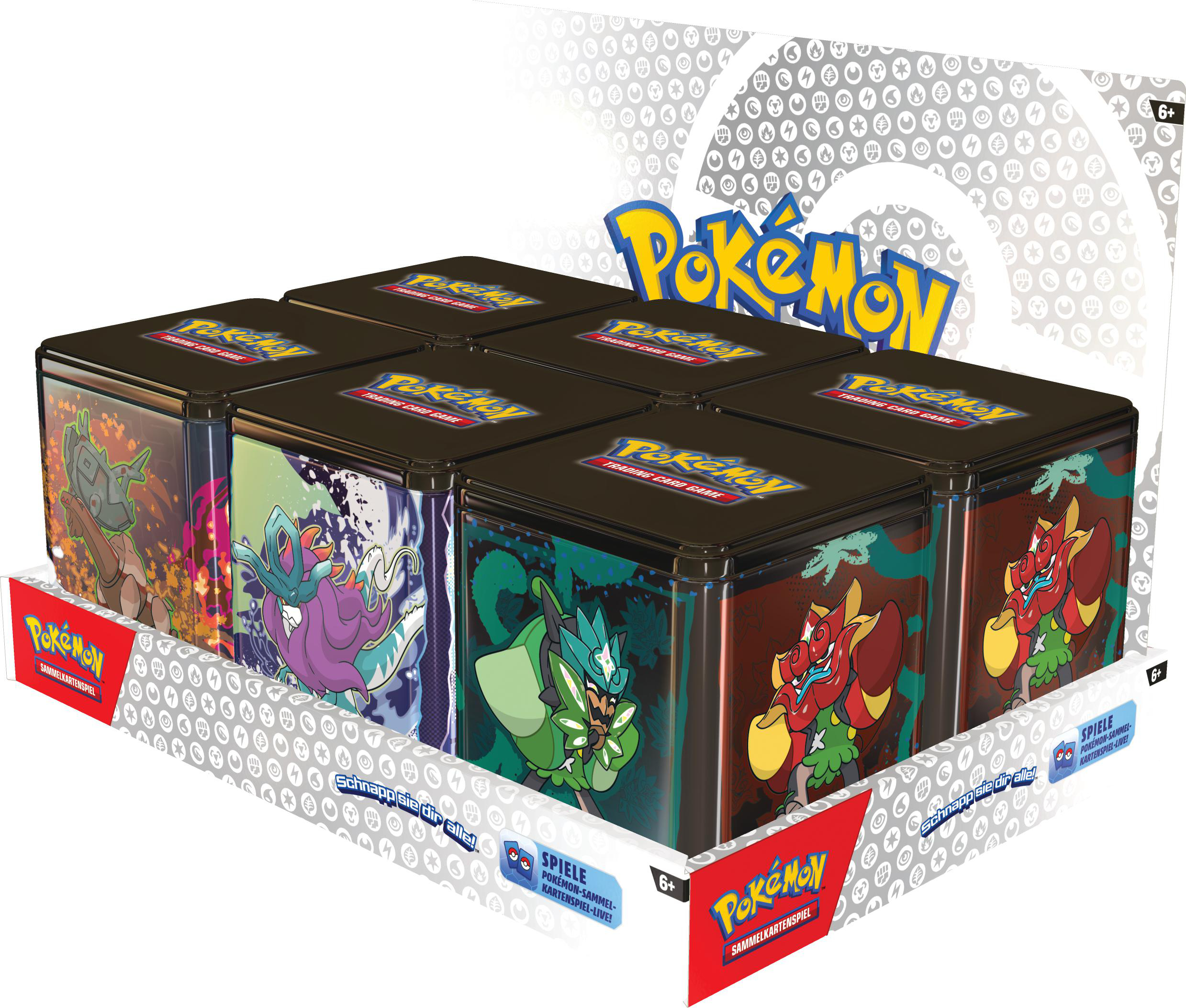 Auslage von sechs Pokémon Trading Card Game Dosen in einer Verkaufsbox.