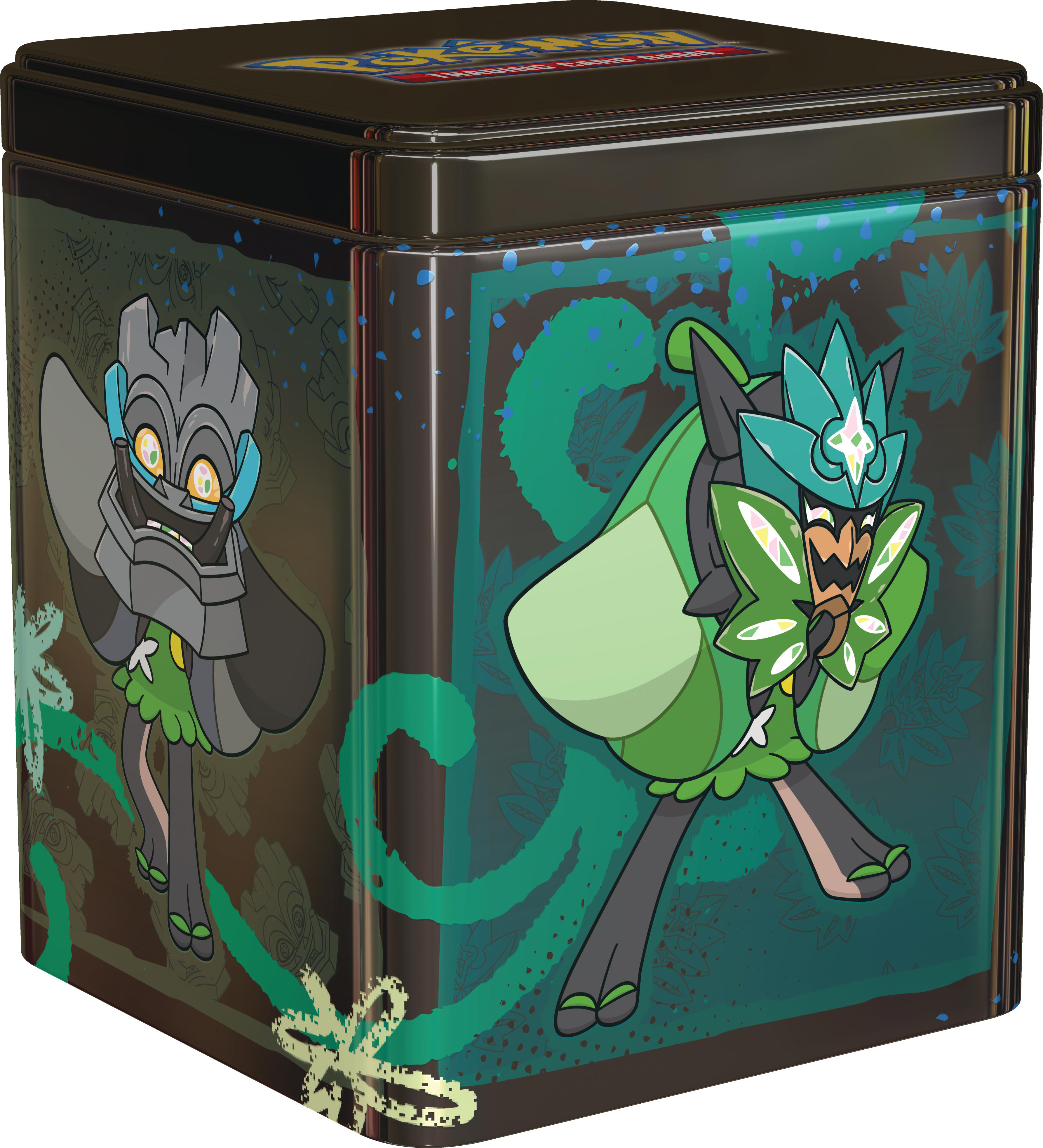 Pokémon-Karten-Zinn. Zeigt Pokémon-Charaktere auf einer schwarzen Dose mit schwarzem Deckel.