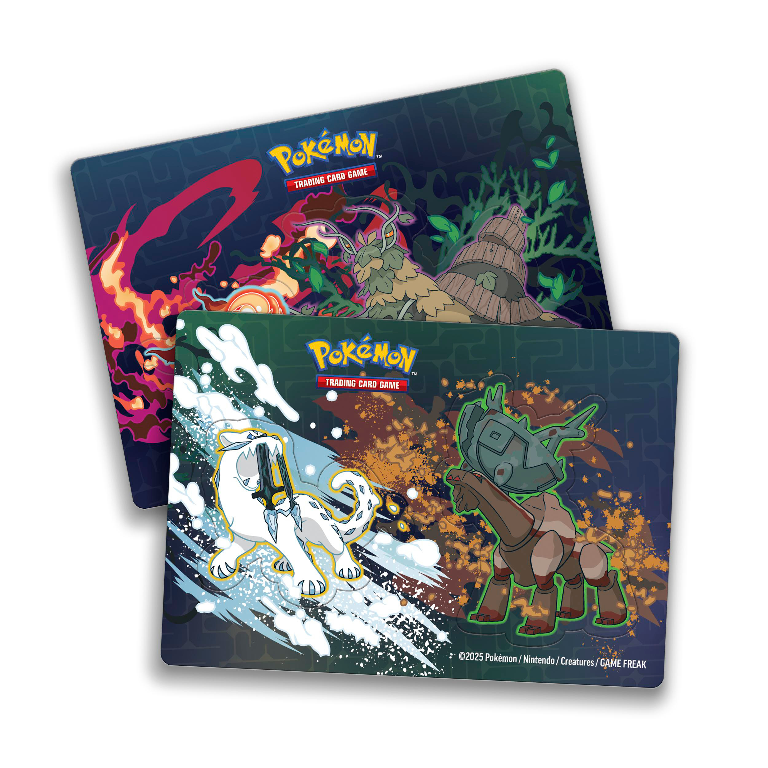 Zwei Pokémon-Sammelkartenspiel-Spielmatten. Eine zeigt feurige und Wasser-Pokémon-Kämpfe.