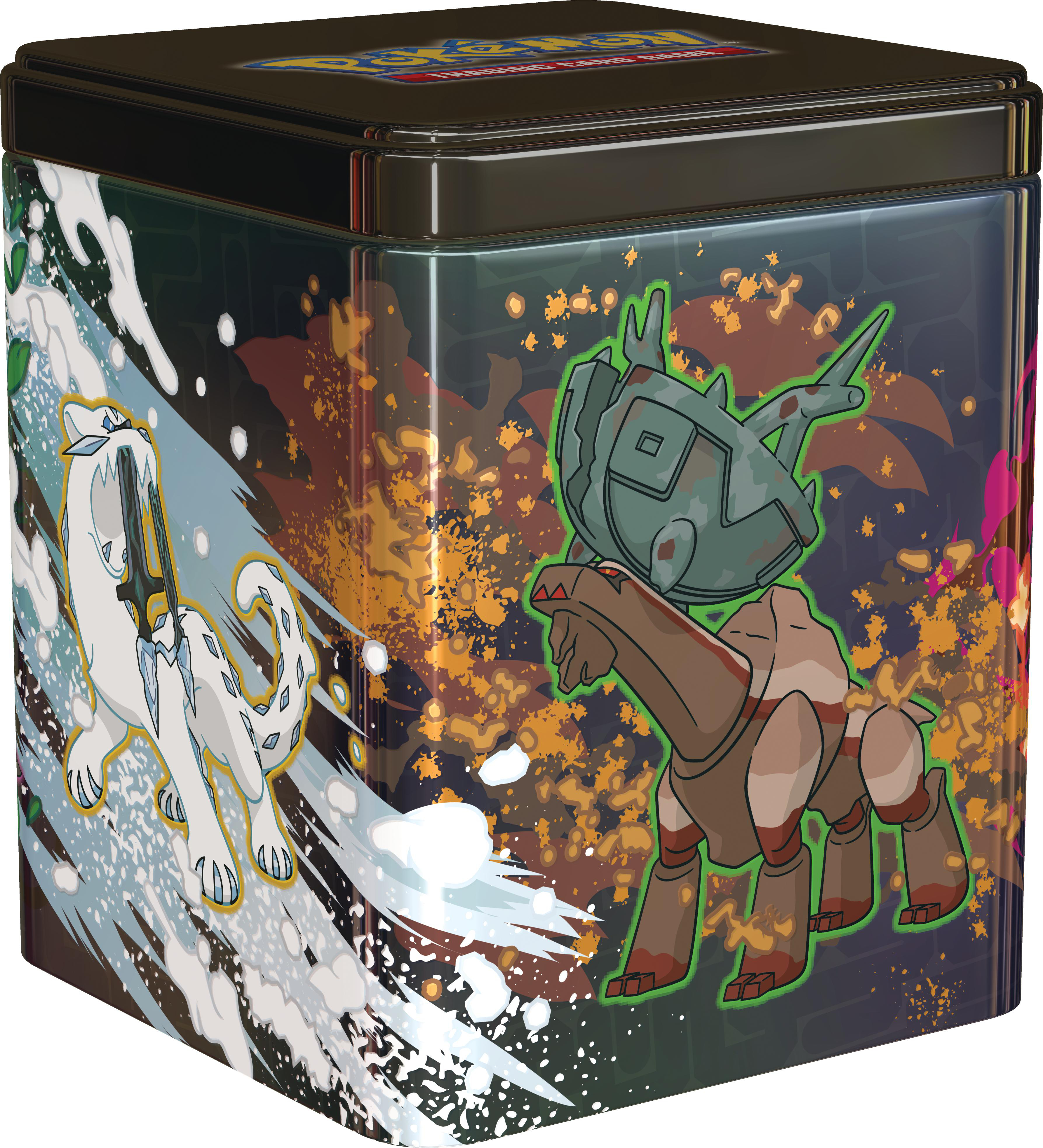 Pokémon-Karten-Zinn. Zeigt Pokémon-Charaktere auf einer schwarzen Dose mit schwarzem Deckel.
