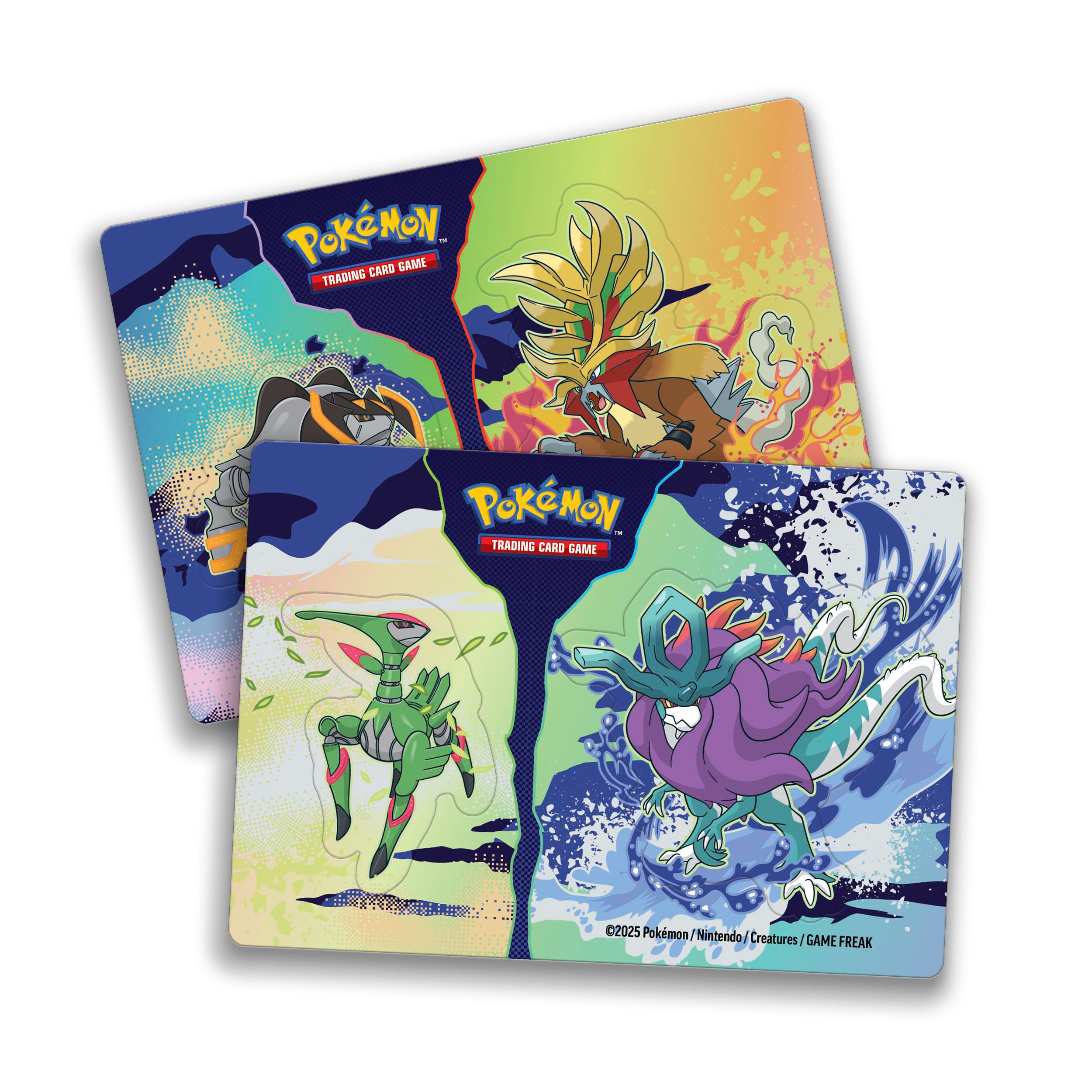 Zwei Pokémon-Sammelkartenspiel-Spielmatten mit farbenfrohen Illustrationen und Logos.