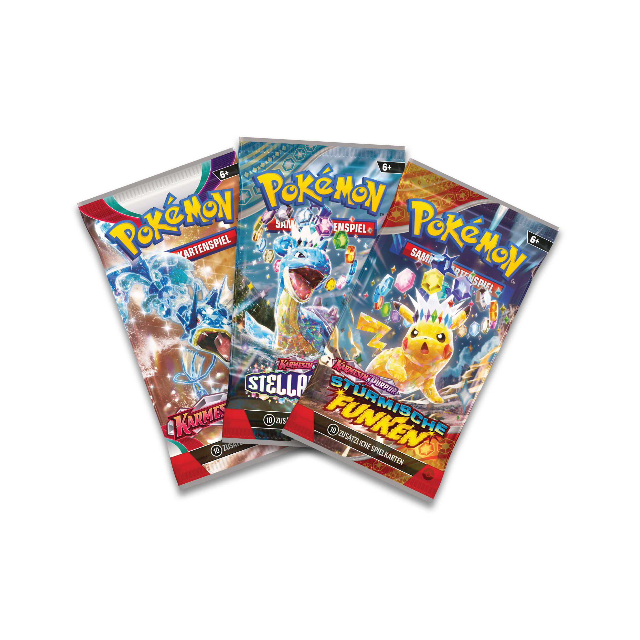 Drei Pokémon-Kartenpackungen, jede mit einem anderen Artwork.