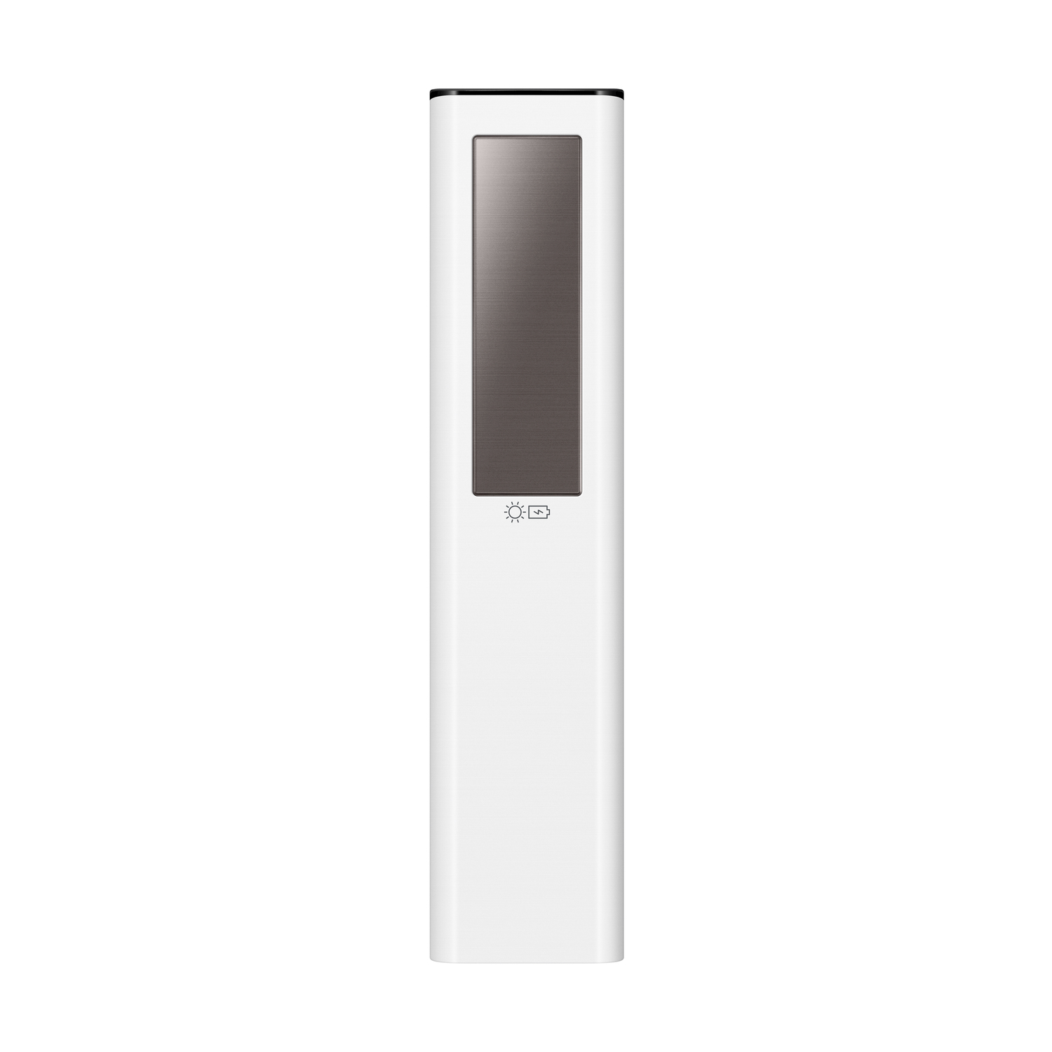 Un telecomando bianco con un pannello solare e un'icona della batteria.
