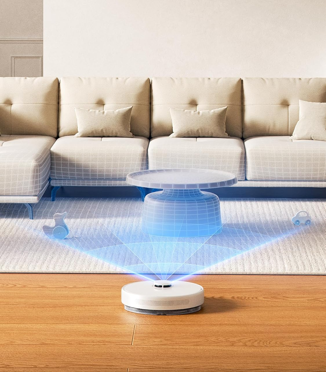 Robot porszívó a fa padlón, kék körvonallal a bútorokról és egy asztalról.