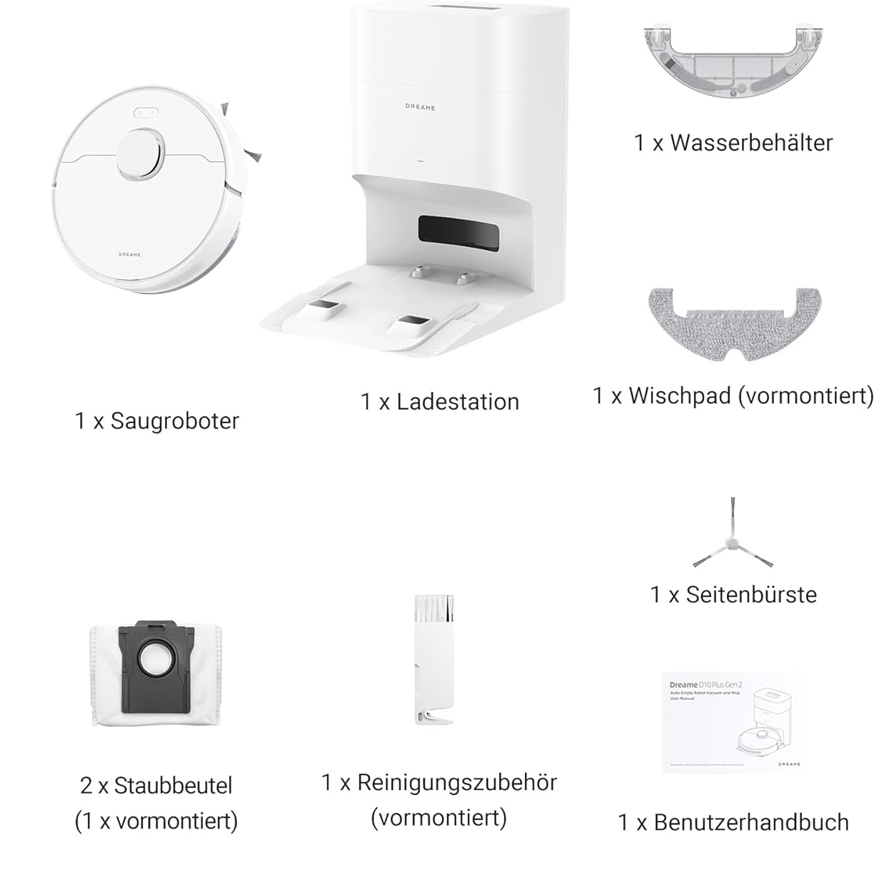 Egy fehér Dreame robotporszívó és tartozékainak diagramja, beleértve a töltőállomást és a tisztítóeszközöket.
