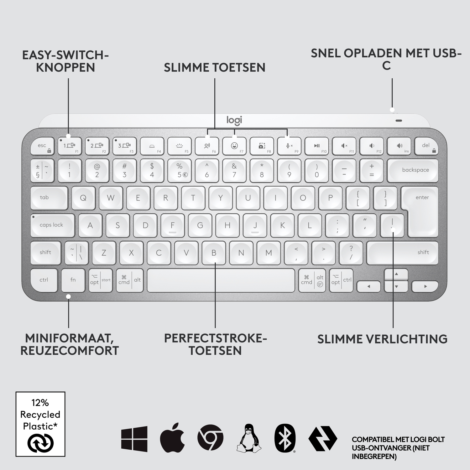 Keyboard detail with labels for features, including easy-switch buttons, and the word Logitech.