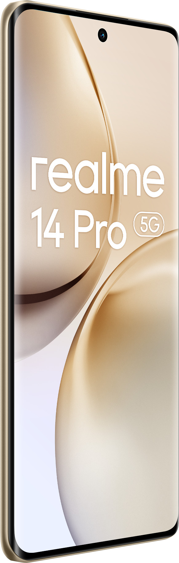 Złoty smartfon, widok pod kątem, biały tekst: realme 14 Pro 5G. Elegancki design, aparat u góry.