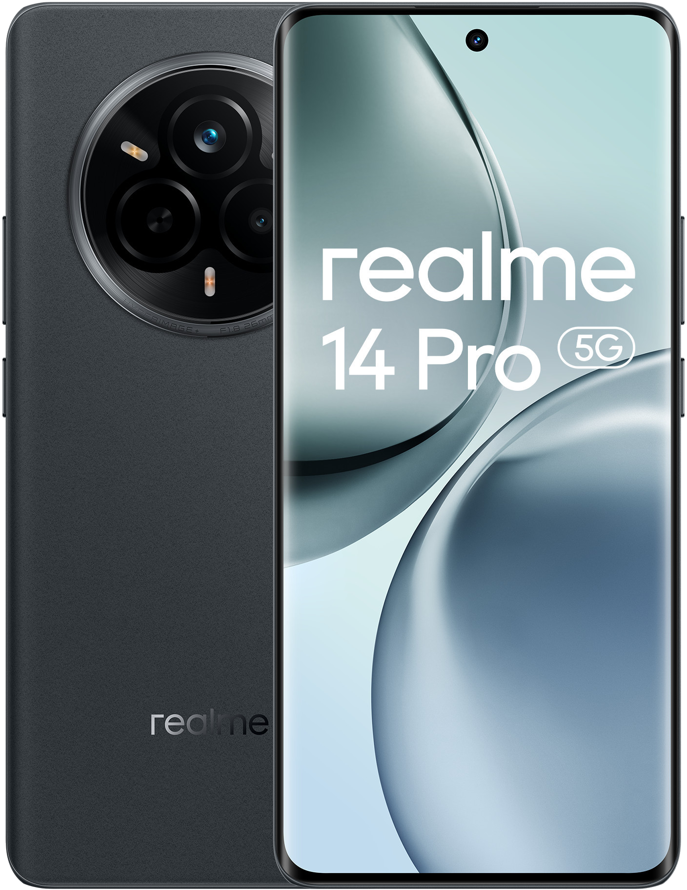 Ciemnoszary smartfon, widok z tyłu i przodu. Realme 14 Pro 5G napisane na ekranie.