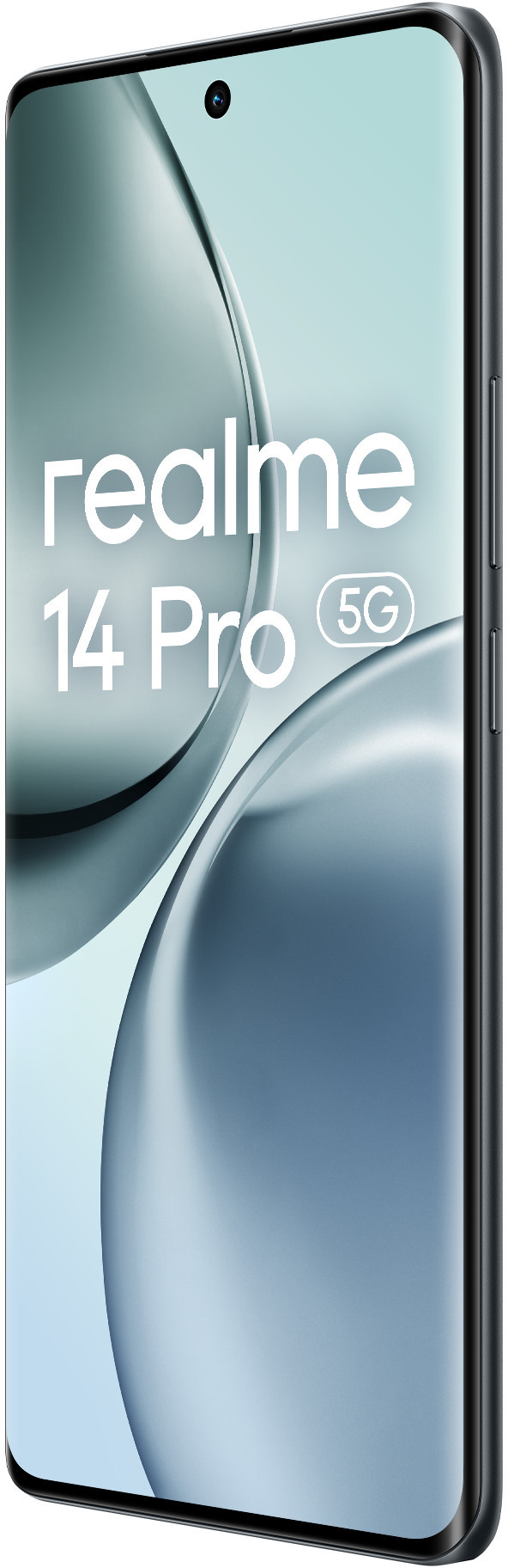 Czarny telefon Realme 14 Pro 5G pod kątem. Ekran wyświetla rozmyty obraz abstrakcyjny.