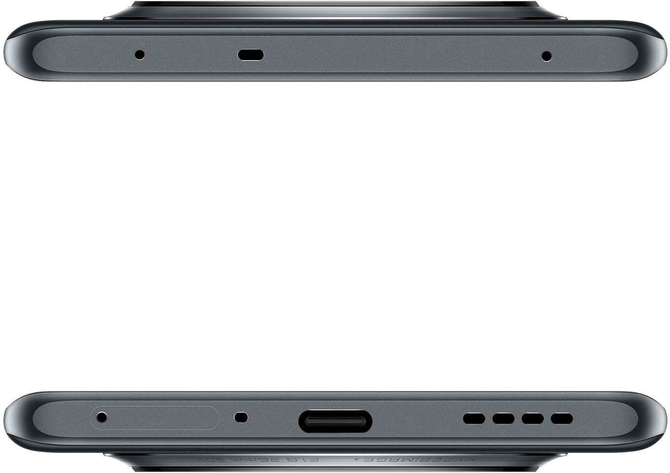 Widok z góry i z dołu ciemnoszarego telefonu. Widoczne otwory głośników, mikrofonu i portu ładowania.