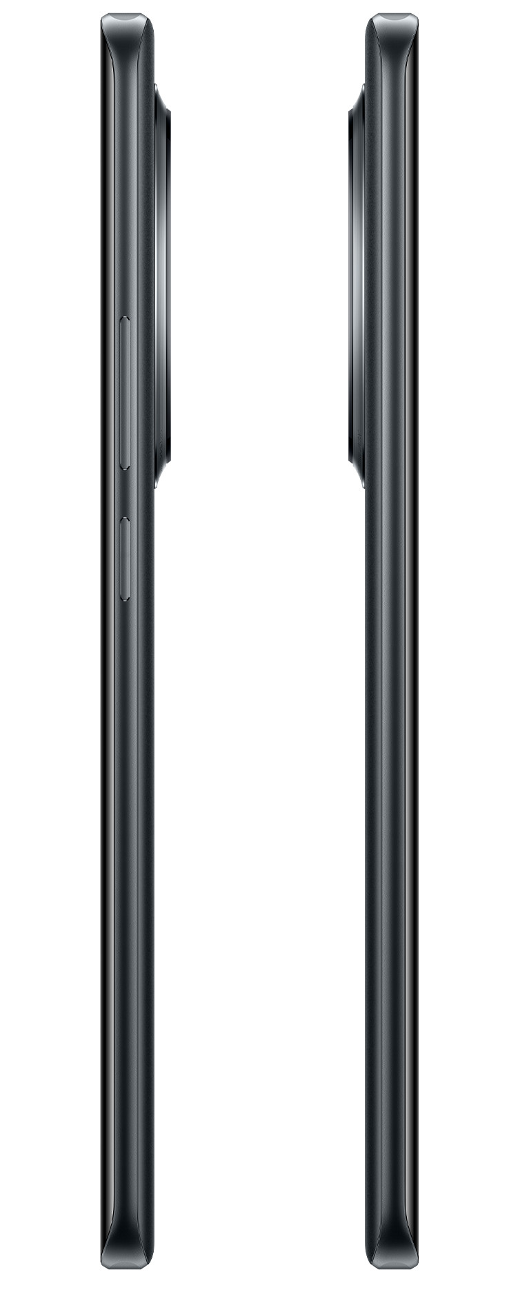 Dwa telefony na białym tle, widok z boku z przyciskami zasilania i głośności.