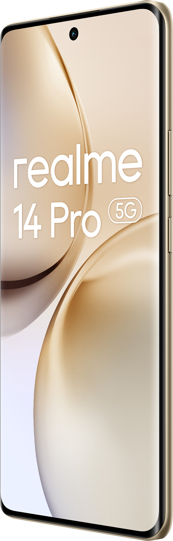 Złota ramka Realme 14 Pro 5G, widok z boku. Ekran z rozmytym, abstrakcyjnym tłem.