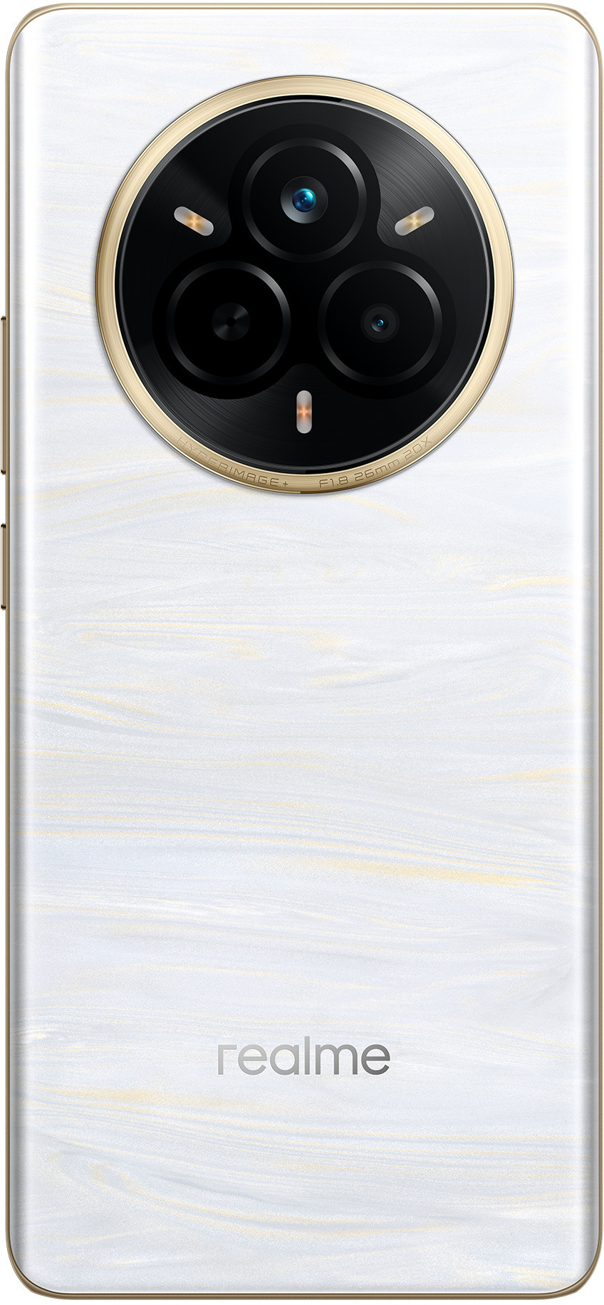 Tył białego telefonu Realme. Posiada okrągły moduł kamery ze złotymi akcentami i wzorzystą powierzchnią.