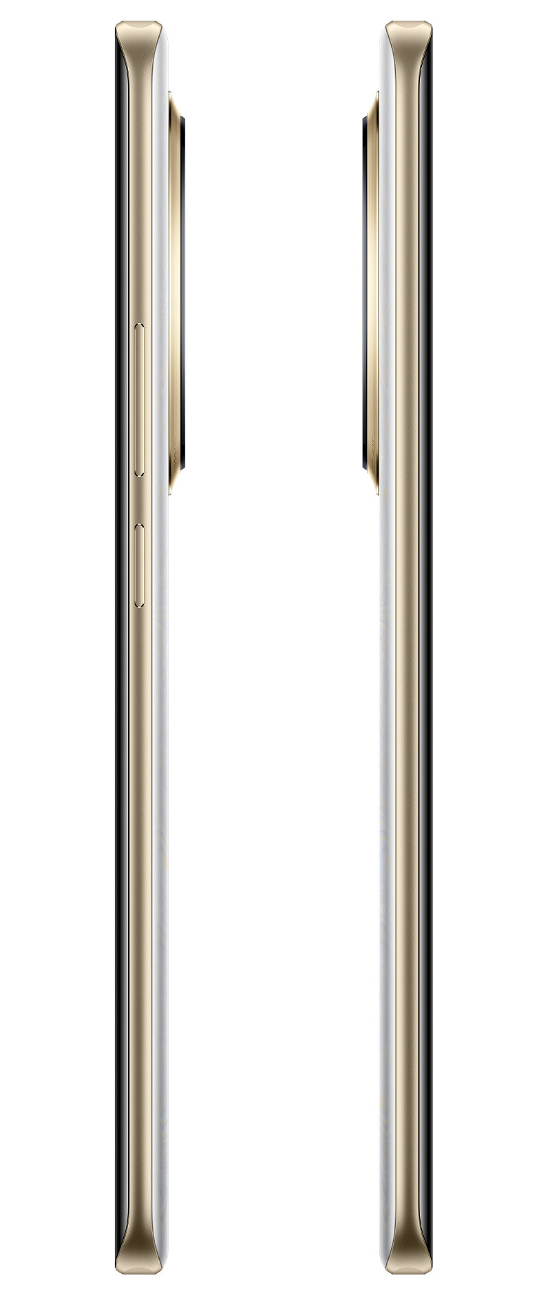 Dwa telefony ze złotą ramką obok siebie. Oba pokazują profil boczny z przyciskami i eleganckim designem.
