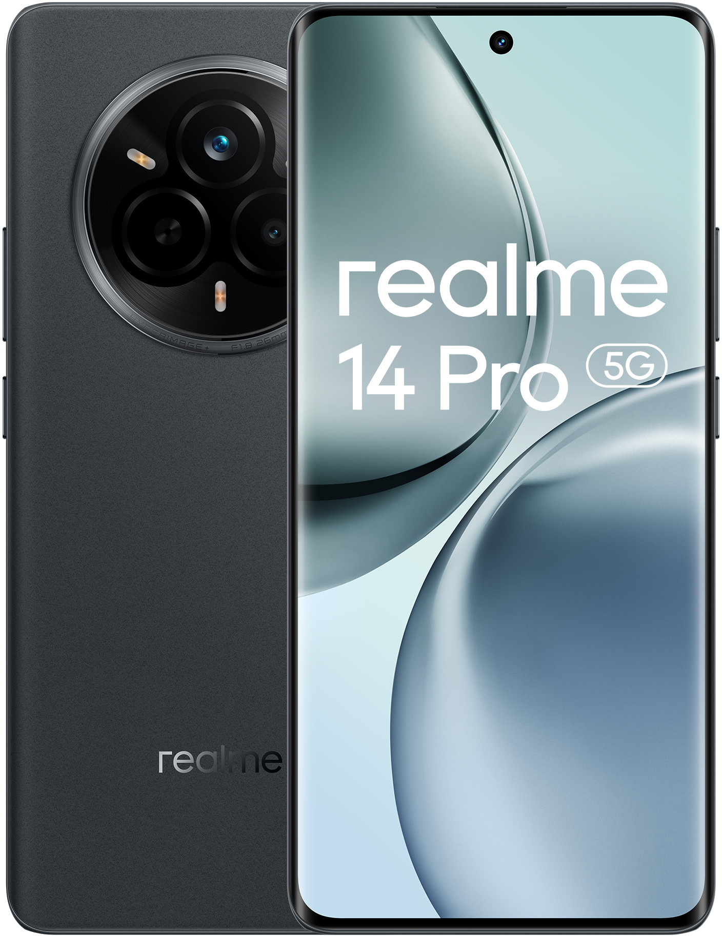 Czarny telefon Realme 14 Pro 5G, widoczny tył i ekran. Ekran ma abstrakcyjny obraz.