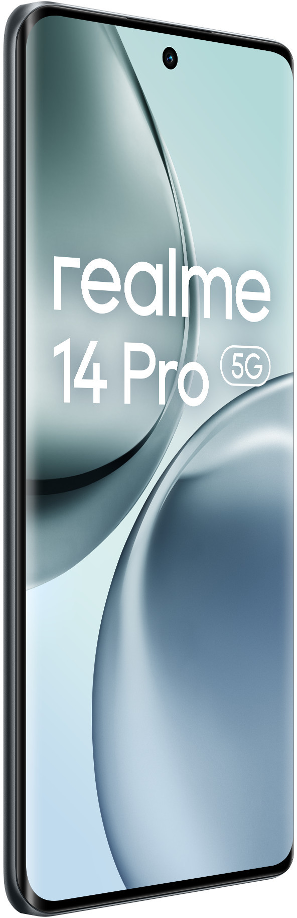 Telefon Realme 14 Pro 5G, ciemnoniebieski, widok z boku, pokazujący ekran.