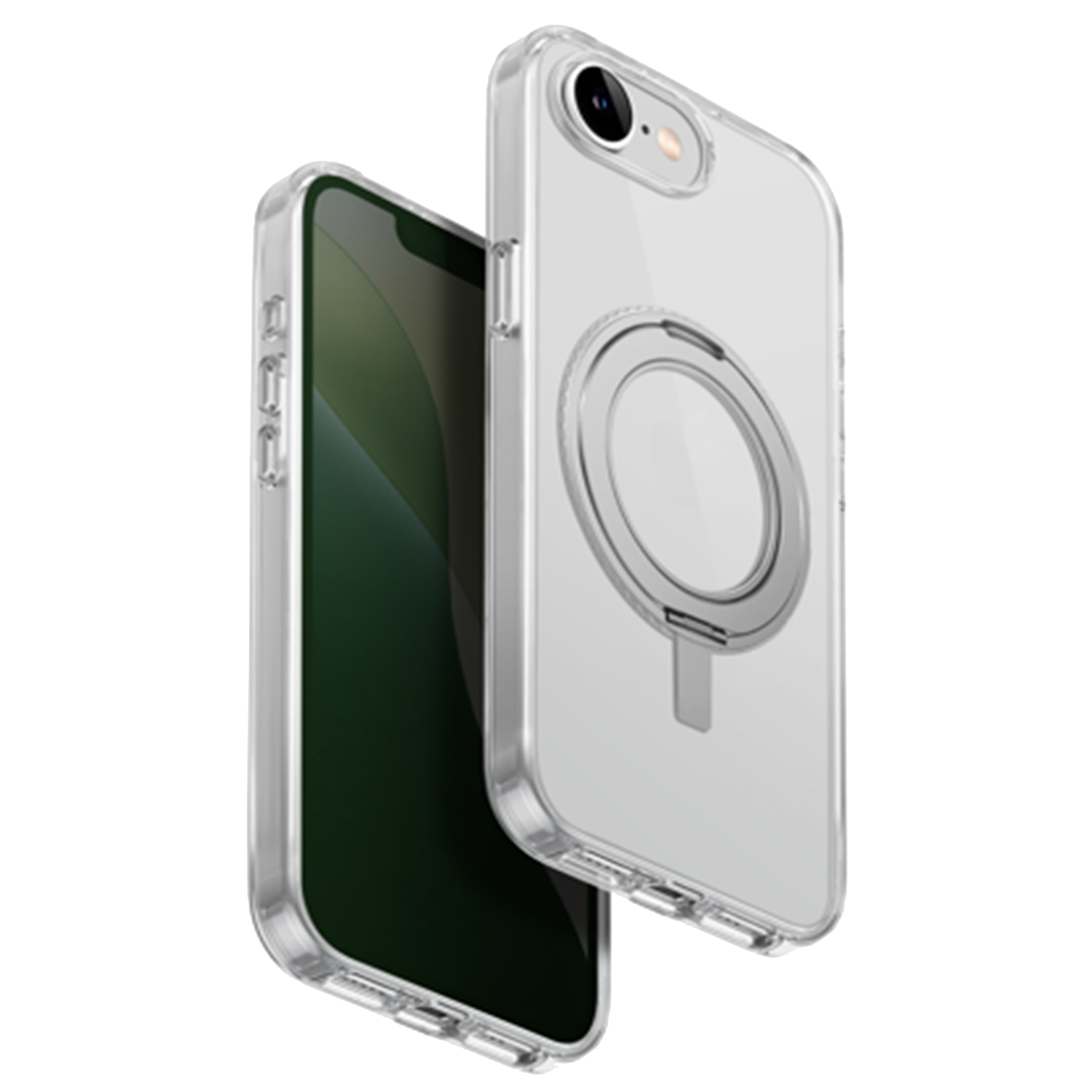 Transparante telefoonhoes met zilveren ring op de achterkant, over een iPhone. Scherm is groen.