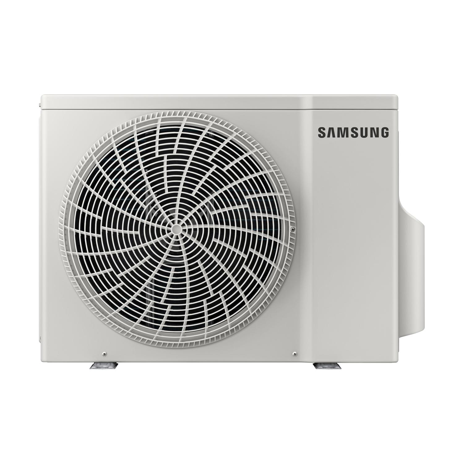 Unità di climatizzazione bianca con griglia del ventilatore, la scritta SAMSUNG, su sfondo bianco.