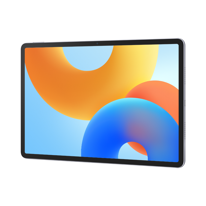 Bir tablet gösteriliyor, ekranda parlak mavi, turuncu ve sarı soyut bir tasarımla.