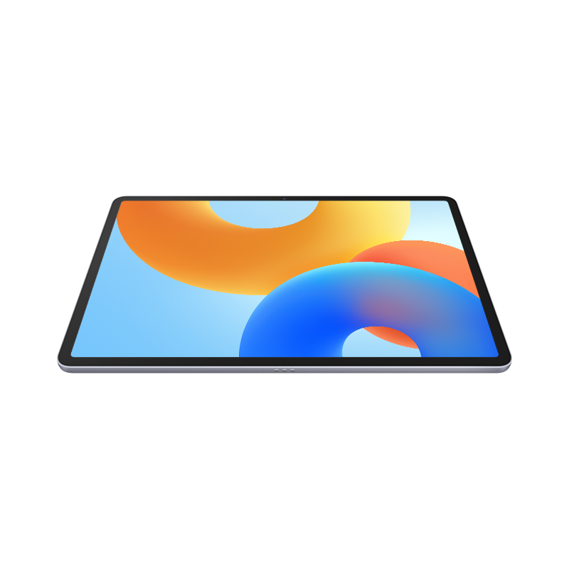 Siyah bir yüzey üzerinde parlak mavi ve turuncu ekranlı bir tablet.