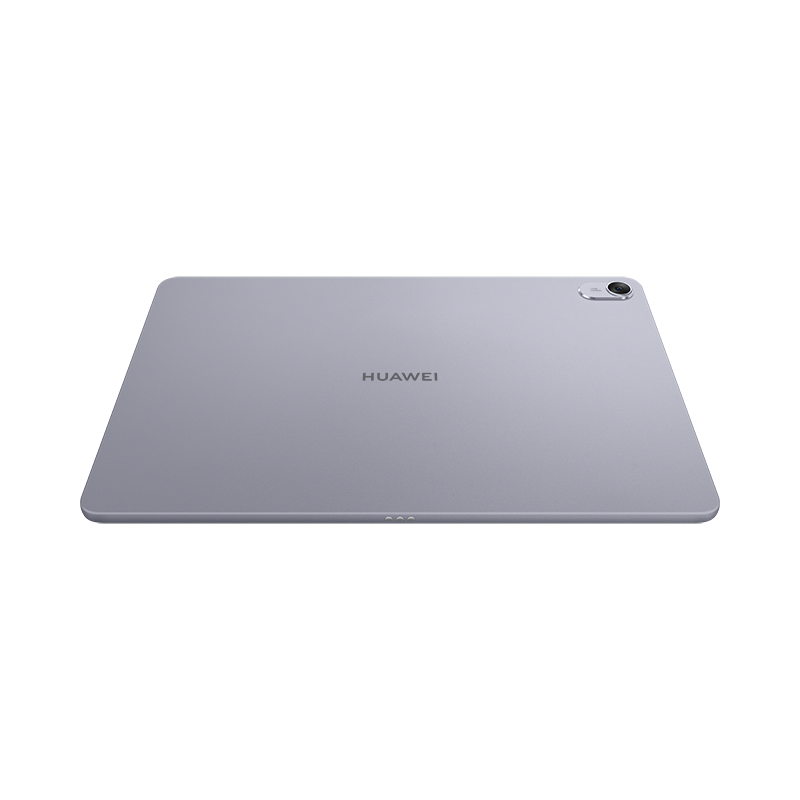 Siyah bir arka plan üzerinde gümüş bir tabletin arka görünümü. HUAWEI kelimesi cihazın üzerine basılmıştır.