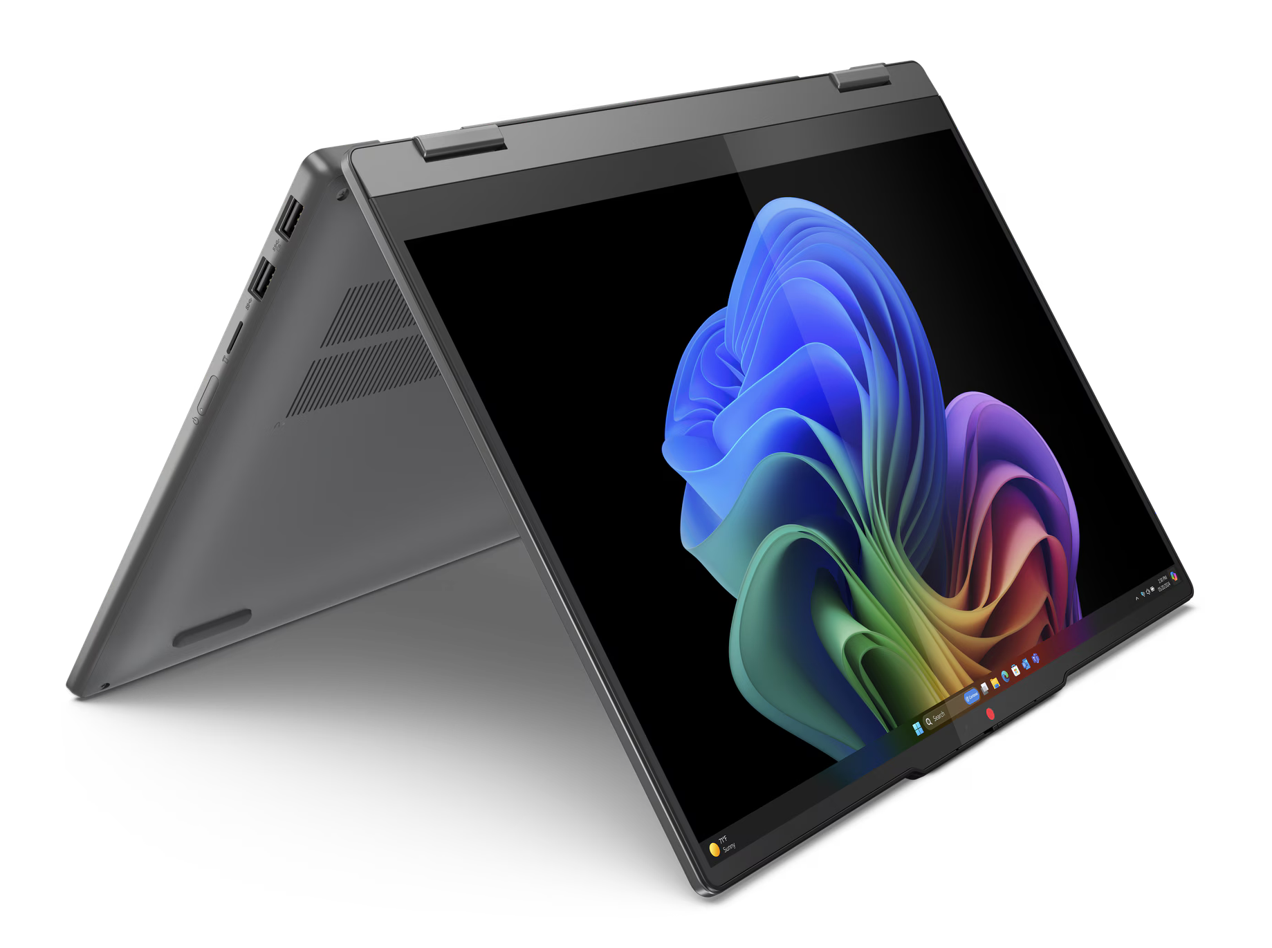 Laptop otwarty z kolorowym abstrakcyjnym obrazem na ekranie. Szary kolor.