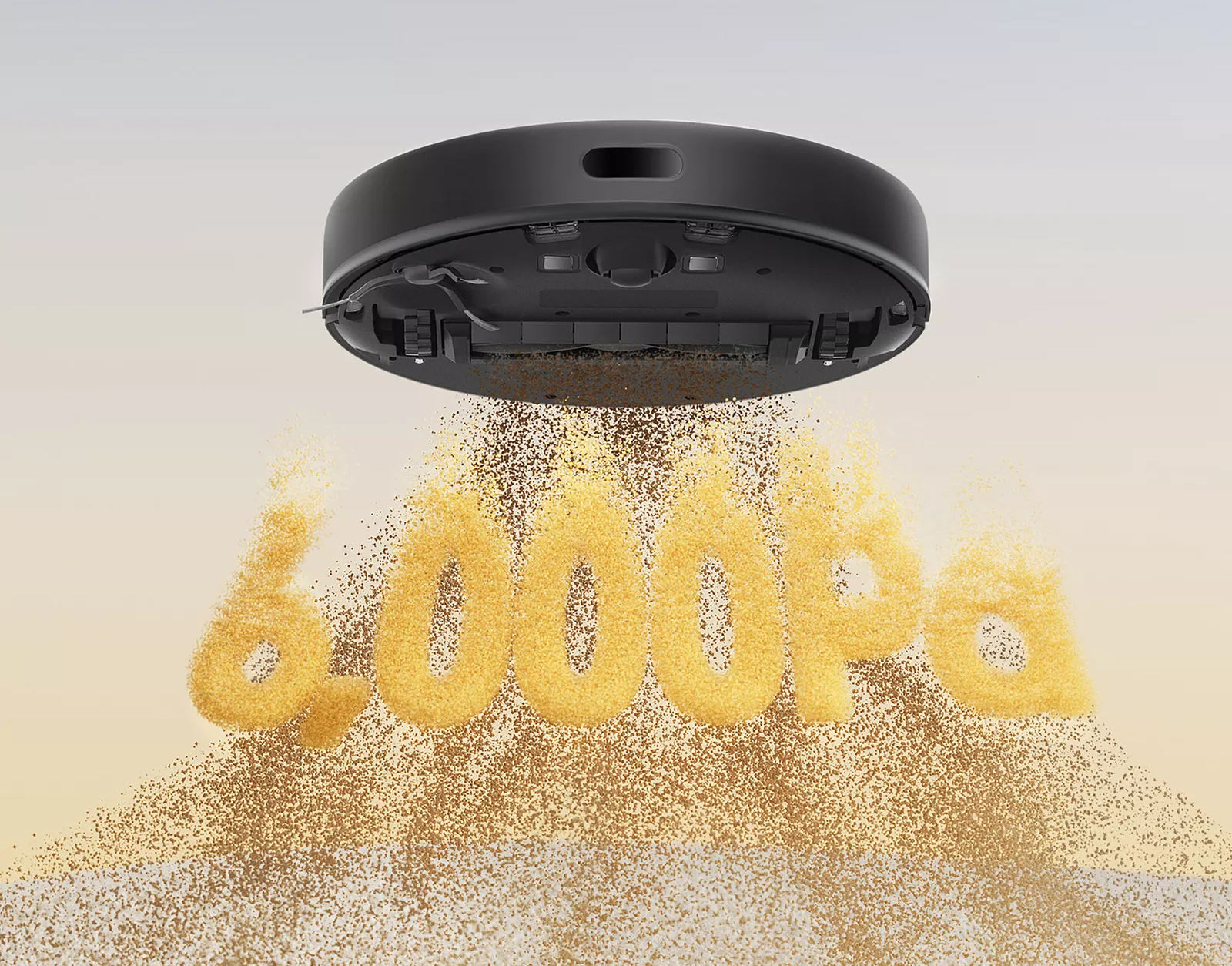 Robot porszívó, ami 6000-es számot formázó porfelhőt csinál. 6000pa van ráírva.