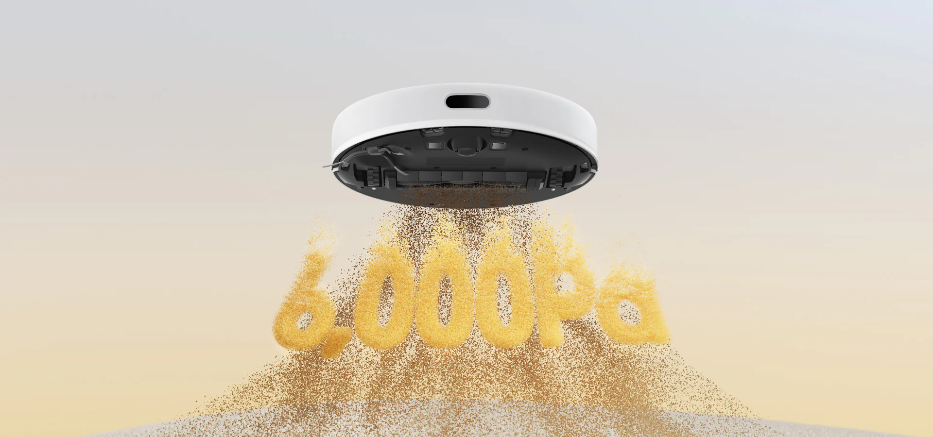 Egy fehér és kerek robot porszívó a "6000pa" szóval.