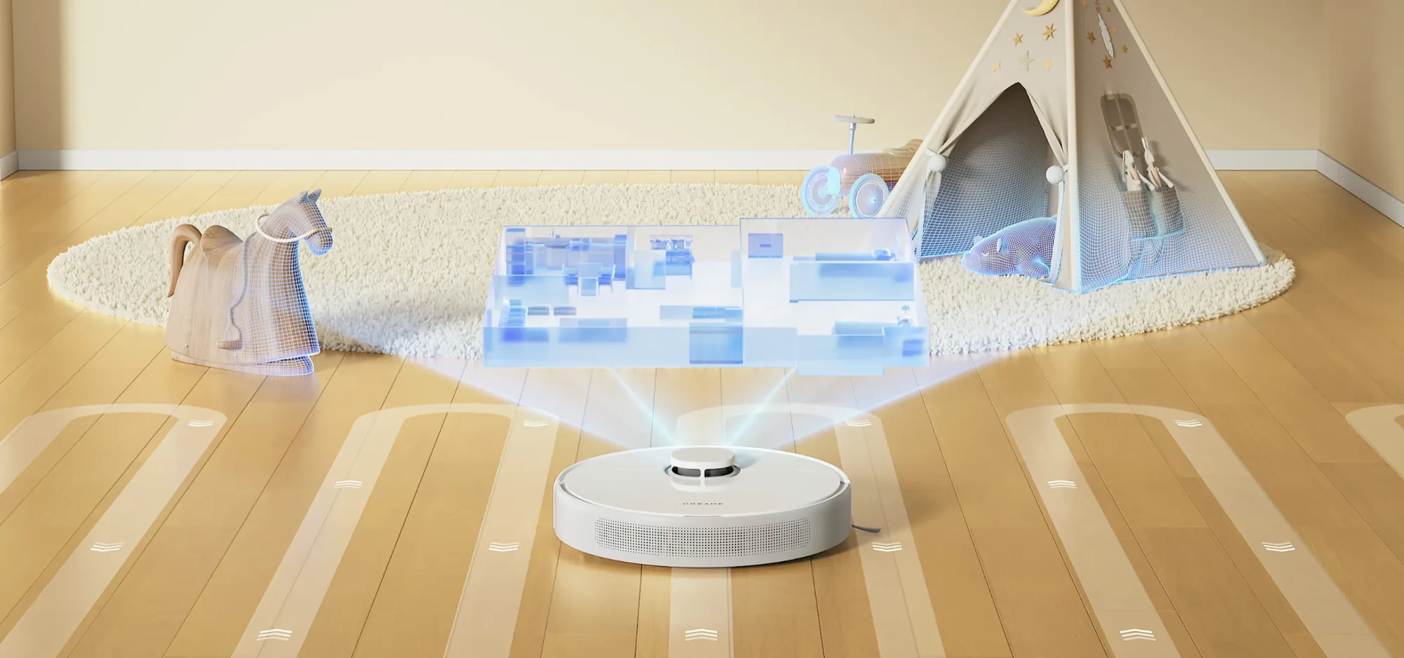 Egy robotporszívó egy szobában, játék sátorral és játékokkal. A padló fa.