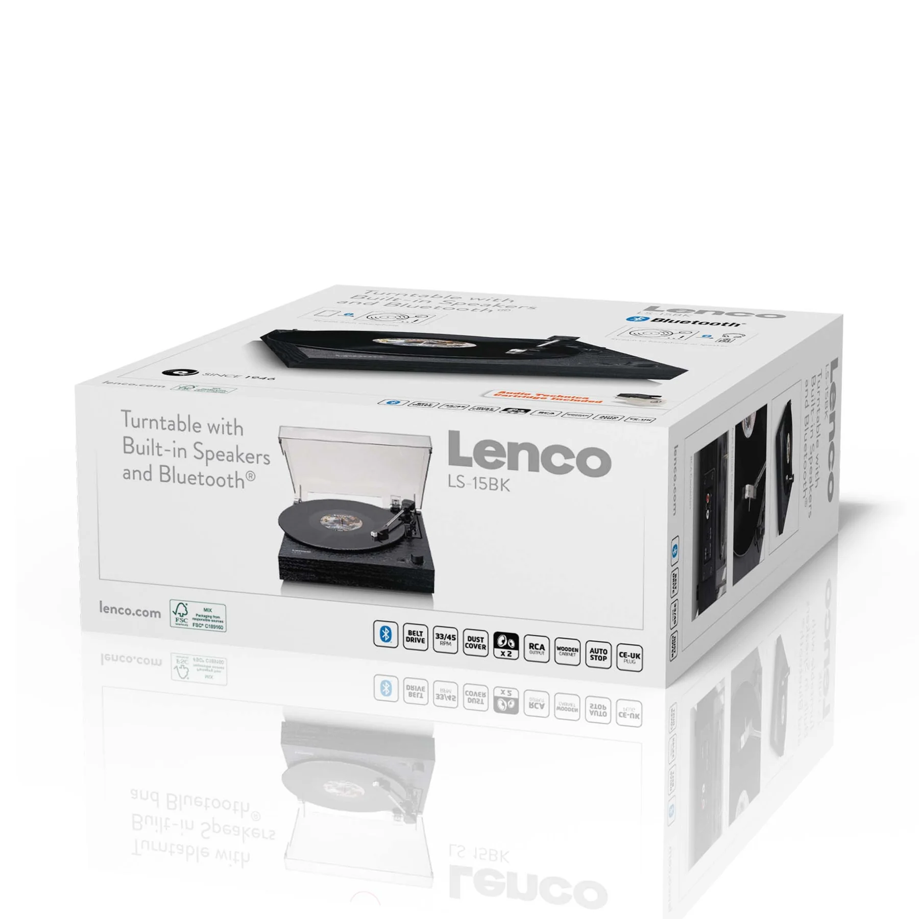 Lenco Plattenspieler im Karton, mit eingebauten Lautsprechern und Bluetooth.