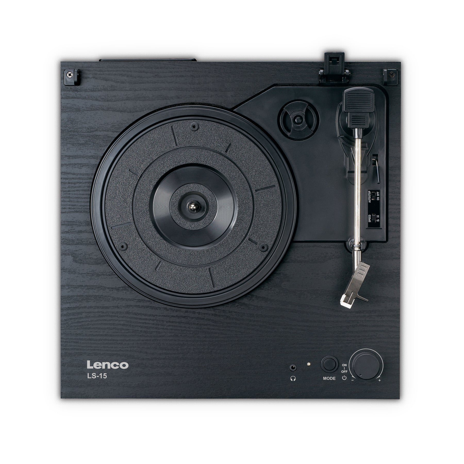 Schwarzer Lenco LS-15 Plattenspieler, Draufsicht, mit Bedienelementen und einem Plattenspieler.
