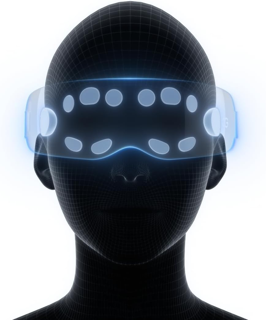 VR başlığı takan bir kişinin tel kafesi. Mavi ışıklar başlığı ve yüzü vurguluyor.