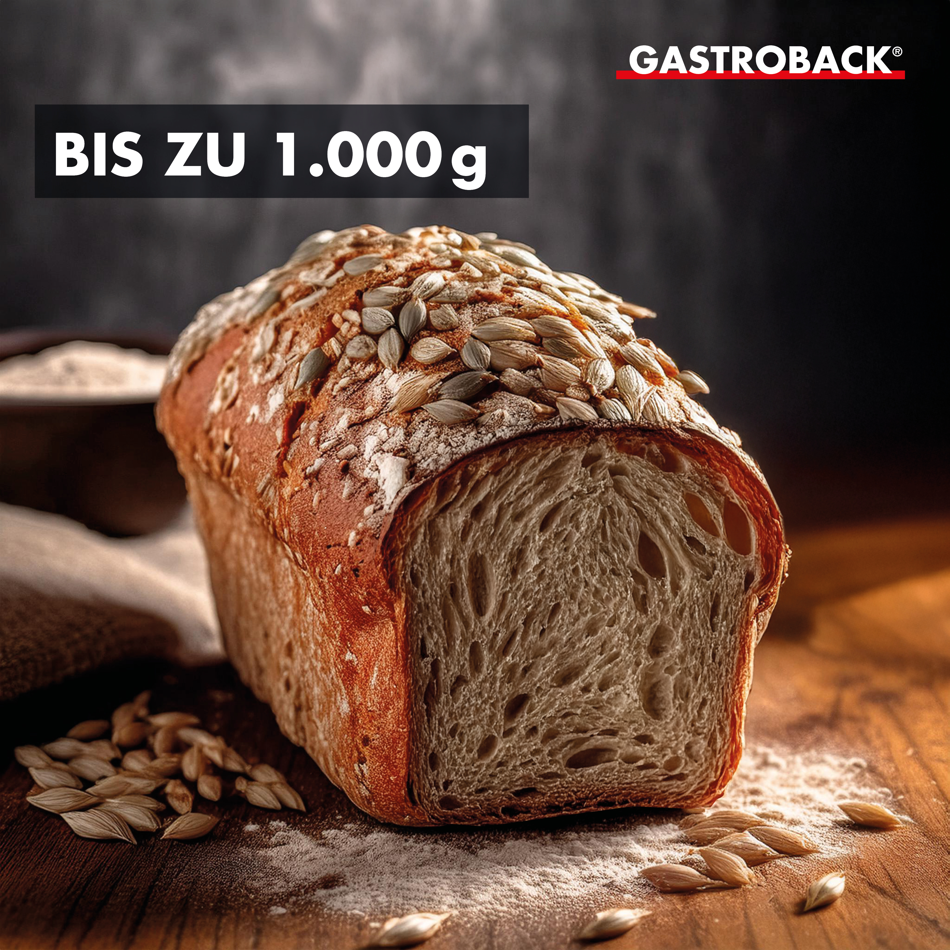 Brotlaib mit Samen. Weißes Mehl ist um das Brot auf einer Holzoberfläche verstreut.