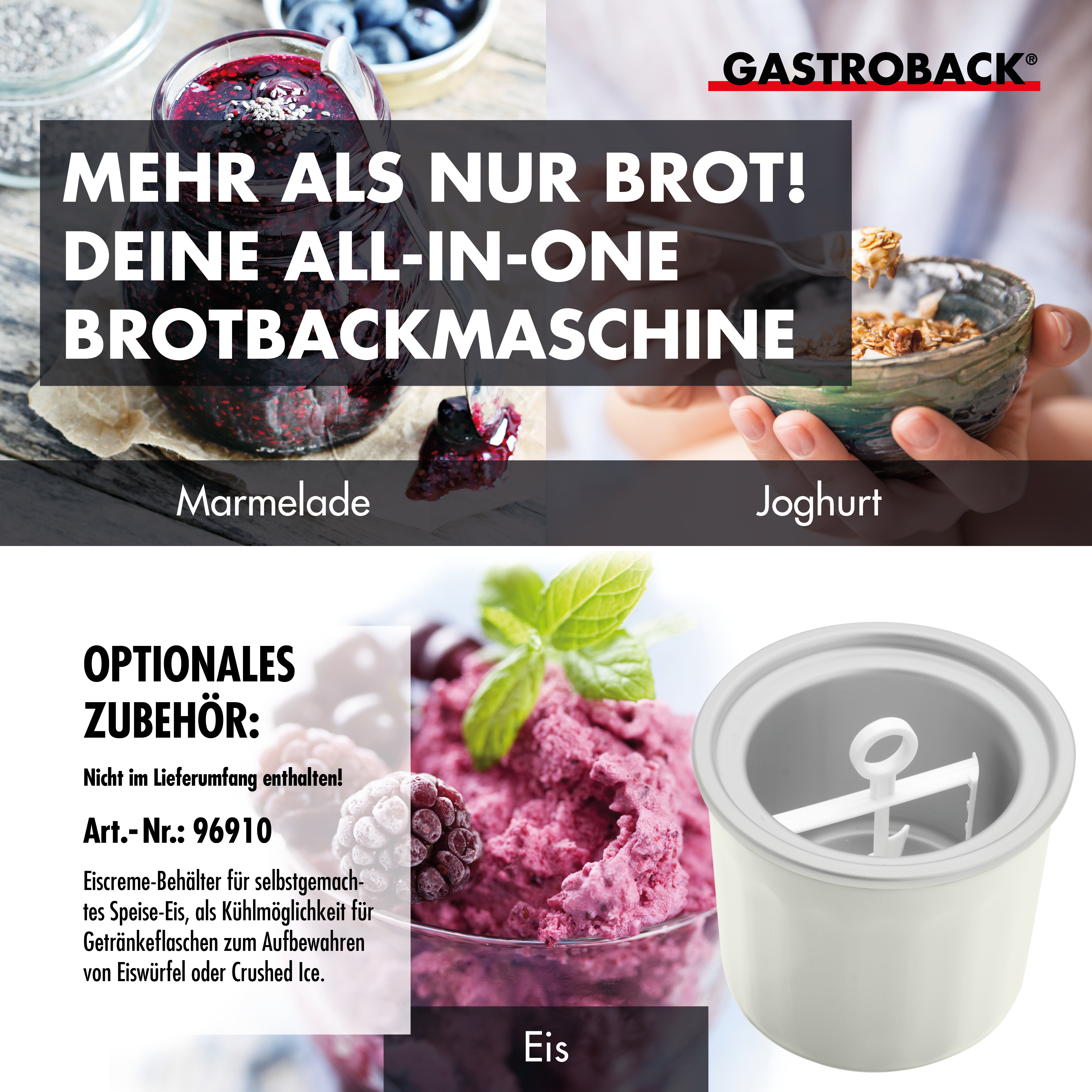 All-in-One Brotbackmaschine mit Marmeladen-, Joghurt- und Eisoptionen. Zubehör unten gelistet.