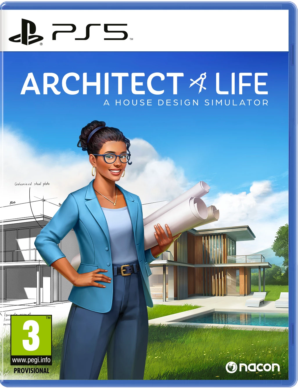 Gamecover. Een vrouw houdt blauwdrukken vast. De titel luidt: ARCHITECT & LIFE. Een huizenontwerpsimulator. PS5-logo.
