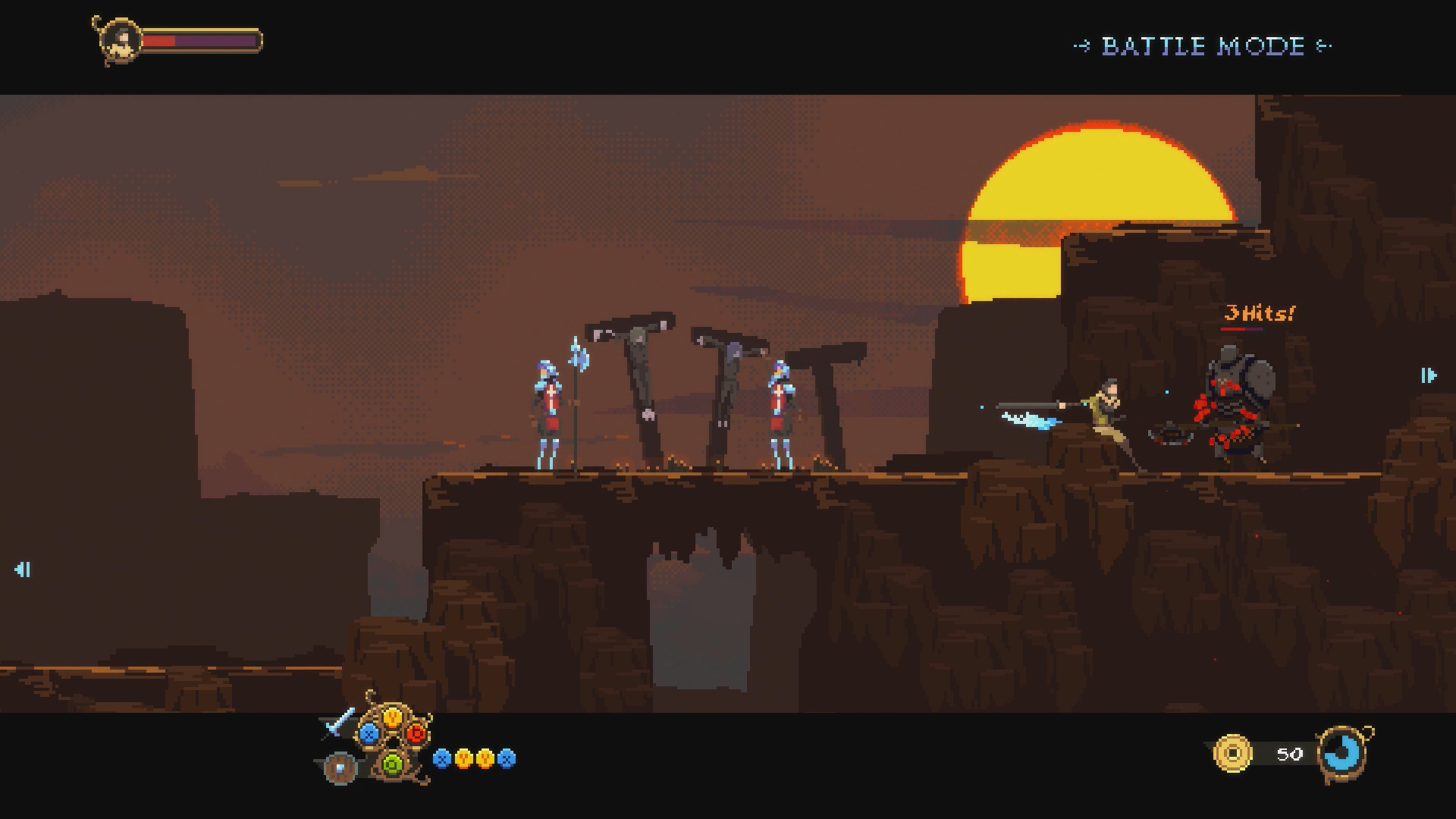 Escena de juego pixelada. Personajes luchan en acantilados al atardecer. Modo batalla activo. Estilo pixel art.