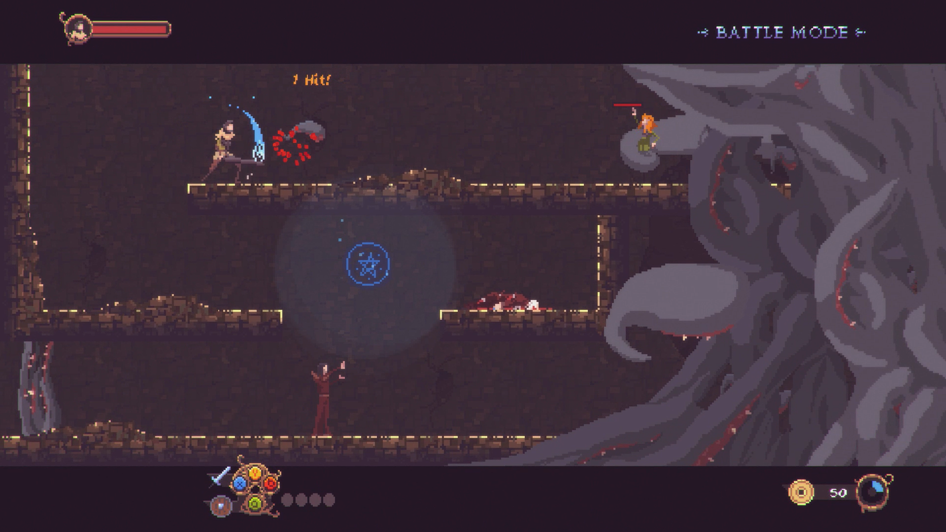 Escena de juego: personaje luchando en cueva oscura. Gran criatura con tentáculos en el fondo. Pixel art.