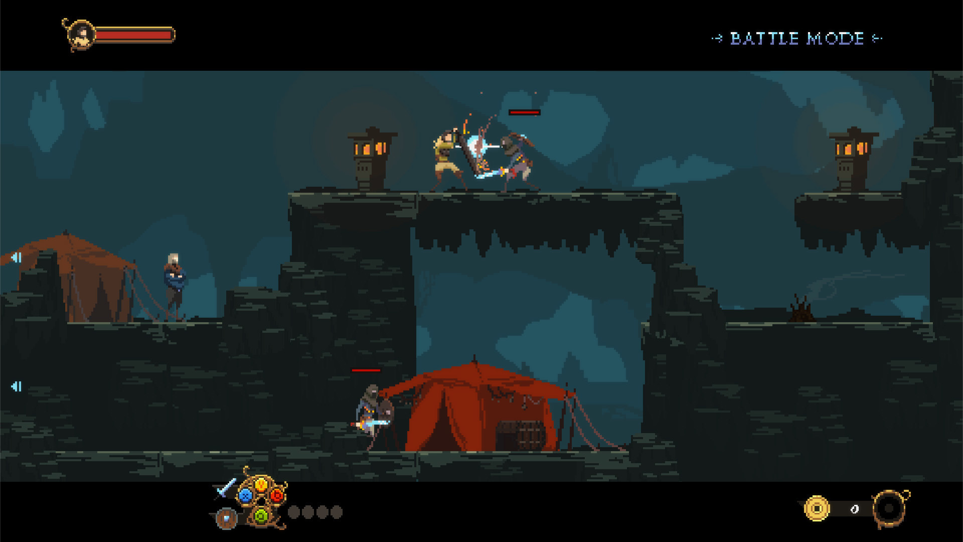 Escena de juego pixelada con personajes luchando.