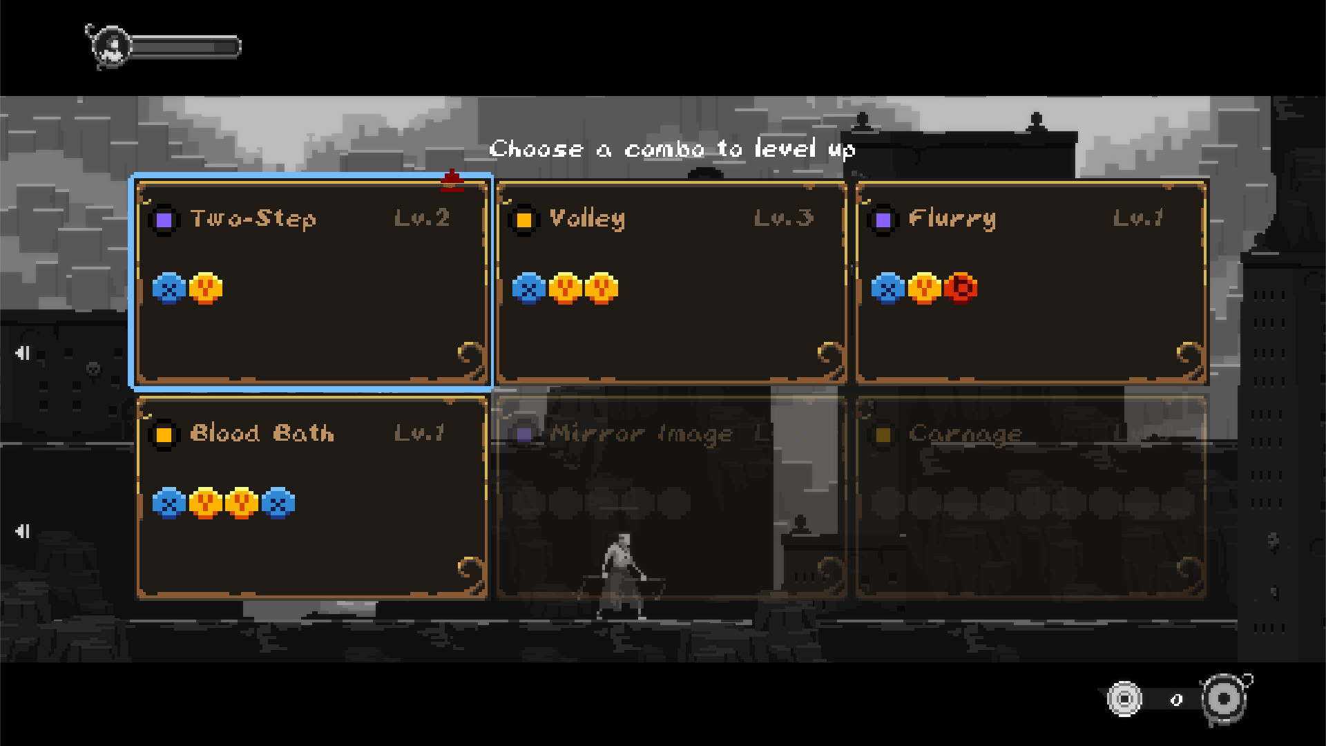Interfaz de juego pixelada con opciones de combo para subir de nivel.