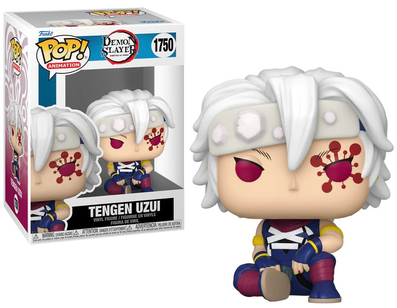 Funko Pop de Tengen Uzui de Demon Slayer. Personaje de pelo blanco con marcas faciales, en caja.