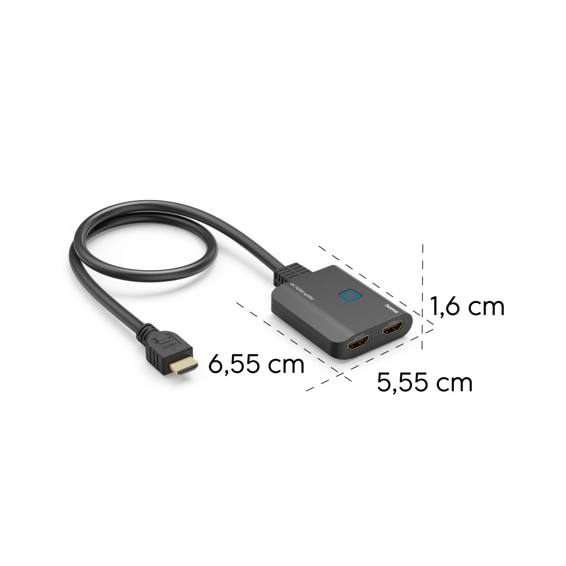 HDMI kábelosztó a megadott méretekkel.