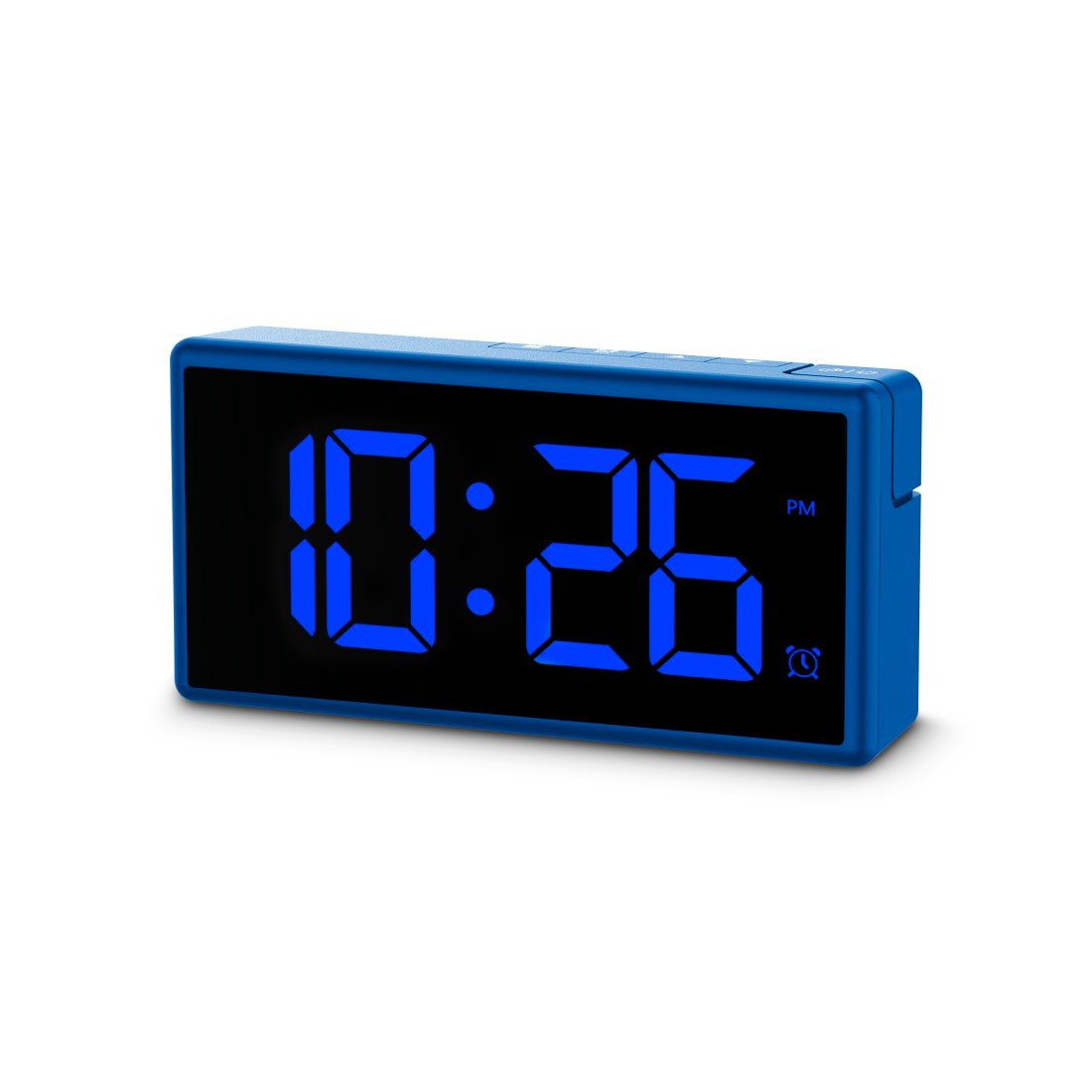 Kék digitális óra, 10:26 PM-et mutatva.