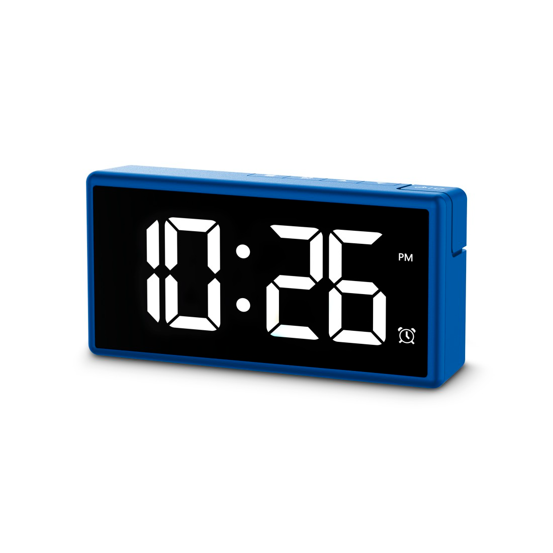 Egy kék digitális óra, ami 10:26 PM-et mutat, tiszta kijelzővel, fehér számokkal.