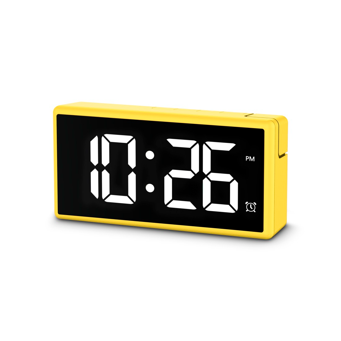 Sárga digitális ébresztőóra. 10:26 PM-et jelenít meg fehér színnel. Egy csengő ikon látható.