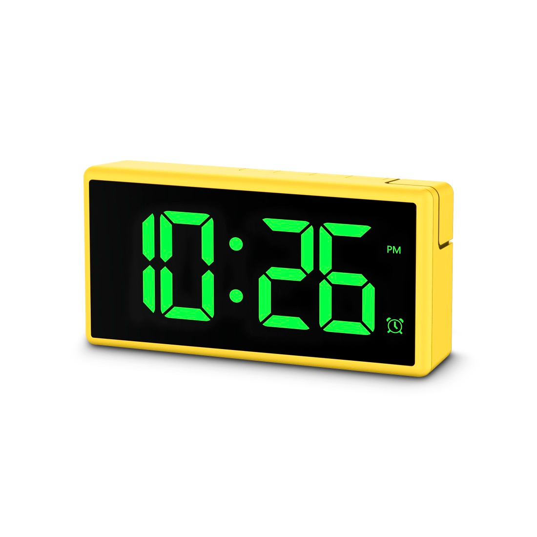 Sárga digitális ébresztőóra, amely a 10:26 PM időt mutatja, csengő ikonnal.